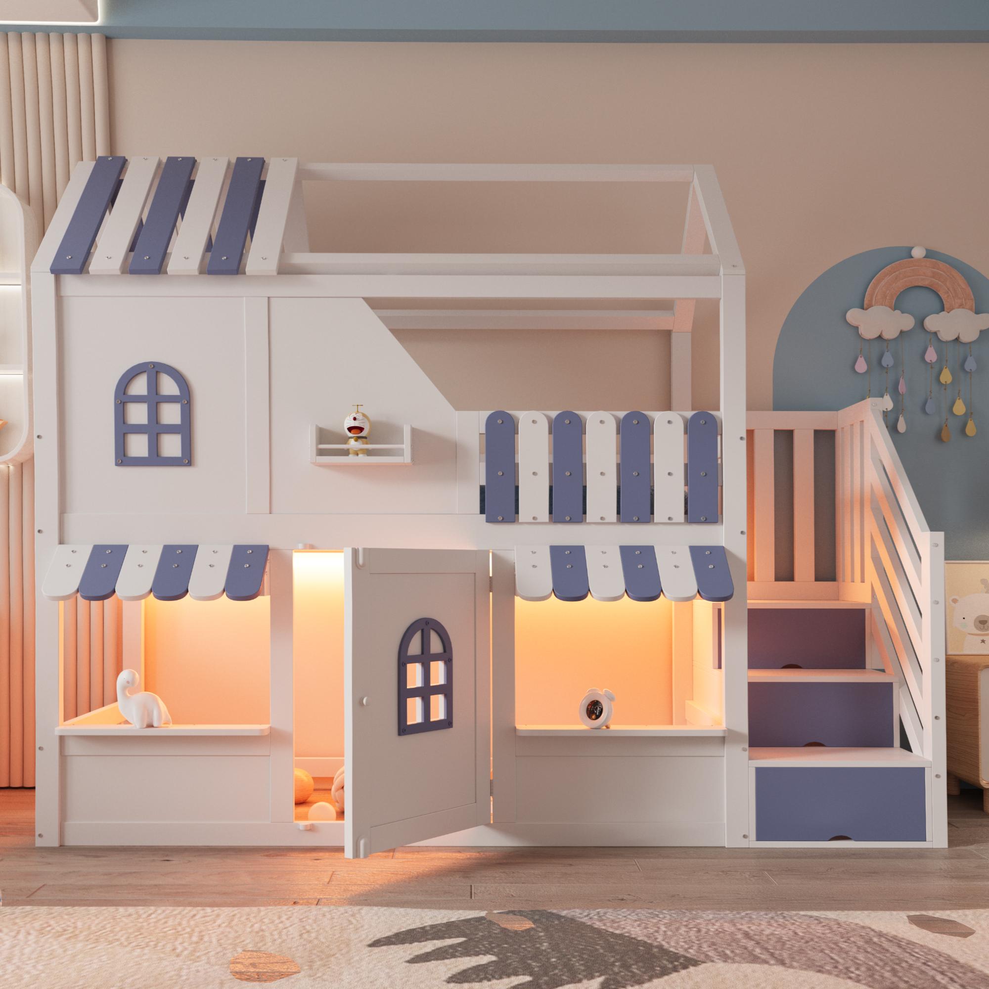 Kinder-Etagenbett 90x200 cm, Hausbett mit LED-Beleuchtung, Stauraumtreppe, Regalen, Rausfallschutz und Tür, Hochbett mit Spielbereich, Weiß-Blau