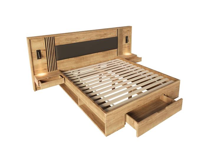BETT in naturfarbe mit pu-kopfteil, mit stauraum und leselampen