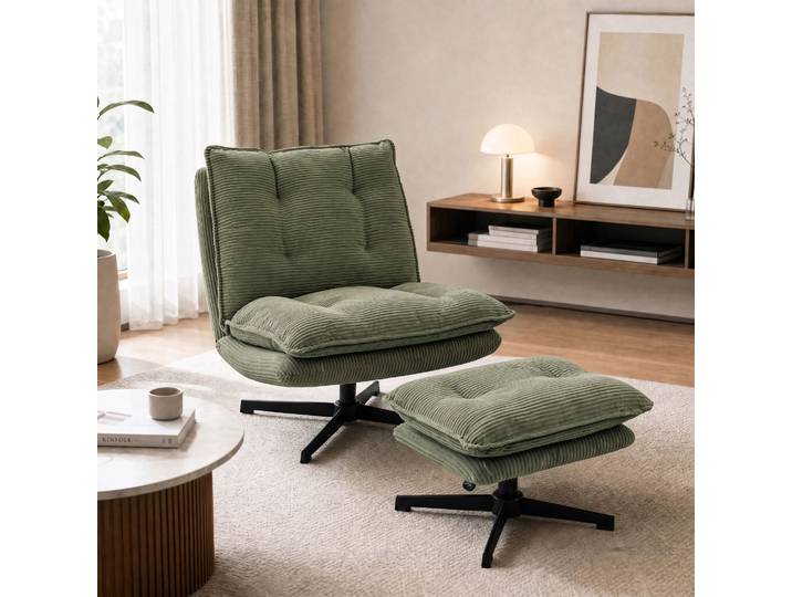 HOMCOM Fauteuil Salon Velours Vert Pivotant 360° avec Repose-pied