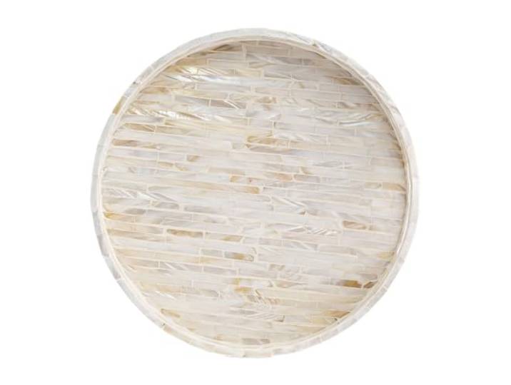PEMAR Dekoratives rundes Serviertablett, Perlmutt, 32 cm, mit Einlegegriffen, Ottoman-Tablett, Schlafzimmer-Tablett, Kabinentablett, dekoratives Tablett, Korbtablett (weißes Muster)