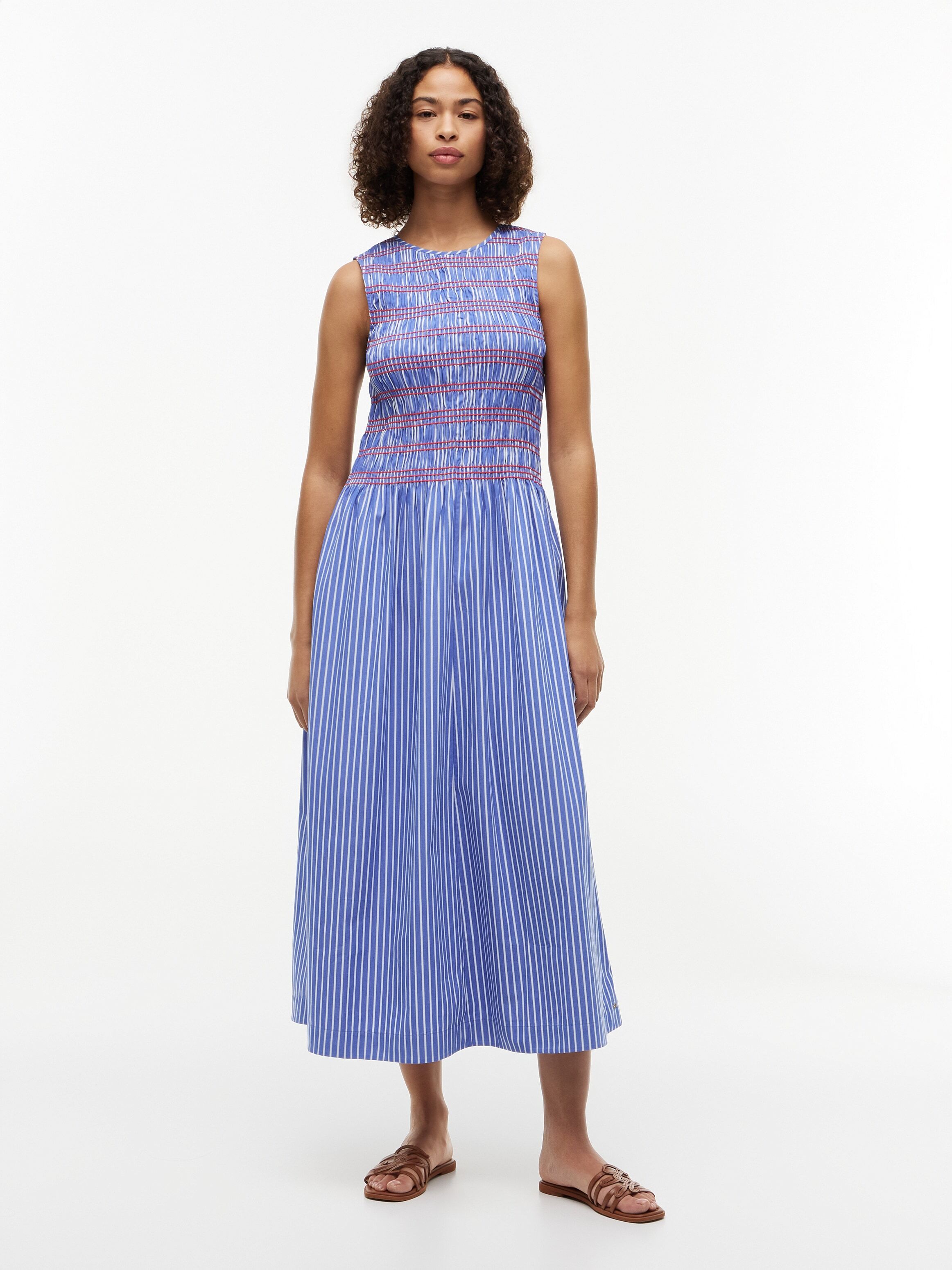 Smokkleid TOMMY HILFIGER "SMOCKING STRIPE NS MIDI DRESS", Damen, Gr. L (42/44), N-Gr, blau (stacking stp, verona blau), Web, Obermaterial: 100% Baumwolle, gestreift, regular fit wadenlang, Rundhals, Kleider Smokkleid, Baumwolle, wadenlang, gesmoktes Obert