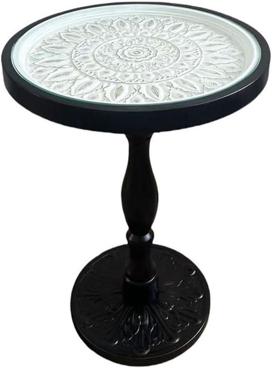 Ronde bijzettafel met vintage houtsnijwerk in zwart