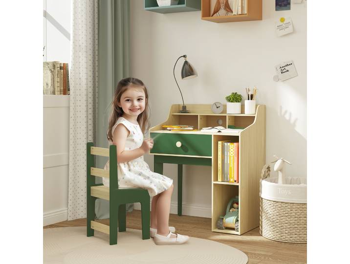 AIYAPLAY Bureau Enfant avec Chaise, Rangement et Tiroir, Vert