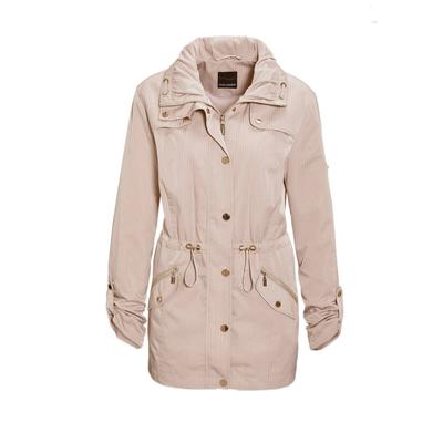 Blouson GOLDNER "Longjacke aus fein strukturierter Ware", Damen, Gr. 42, beige (sand), Obermaterial: 100% Polyester PES., figurumspielend, weit Sonstiges, Jacken Blouson, modisches, gestreiftes Innenfutter