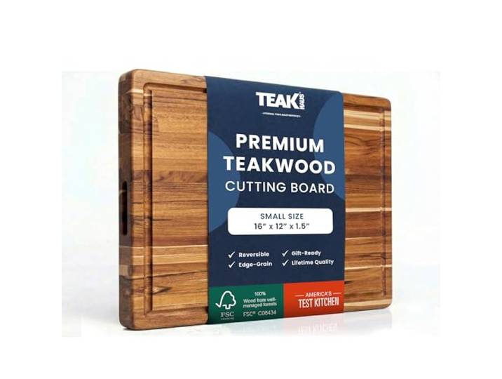 Teakhaus Schneidebrett Holz, 41×31×3,8 cm, FSC-Teakholz, Saftrille Tranchierbrett, für Gemüse, Fleisch & Kräuter, natürlicher Ölgehalt, wasserabweisend, antibakterielle Eigenschaften