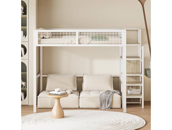 KOMHTOM Lit haut 140x200 cm avec échelle, structure en fer, étagère de rangement et placard