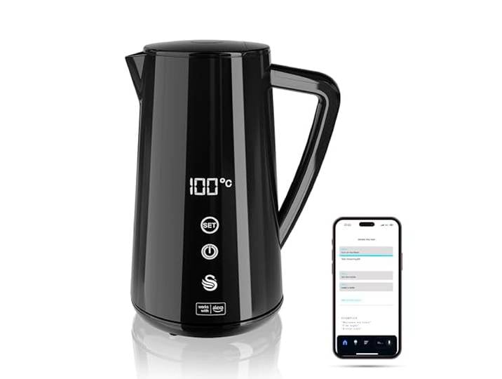 Swan Alexa Elektrisch Wasserkocher WIFI Smart Kettle 1,5L, Kabellos, LED-Touchscreen, Warmhaltefunktion, Isolierte Edelstahlwand, 1800W, Schwarz, SK14650BLKN