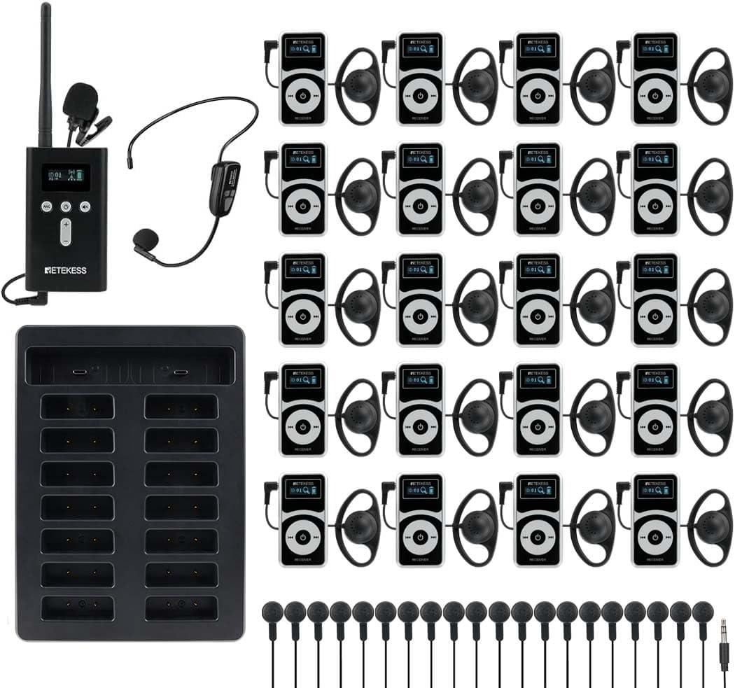 Retekess T130P Tour Guide System, Audio System mit Headsets, 160 m, Standby-Zeit 30 h, Verbesserte Rauschunterdrückun, 20 Empfänger, walkie talkie