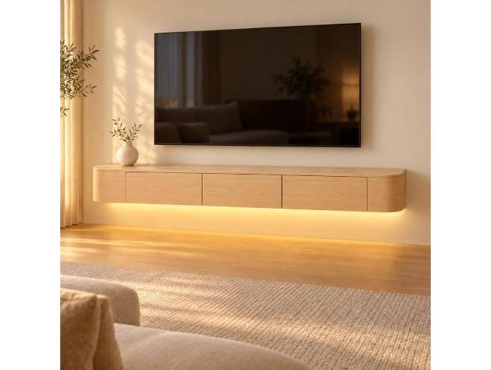 PQXQZ TV Wandboard aus Massivem Kautschukholz, Schwebendes TV Möbel Massivholz, Grifflose Ausführung, 2 Tischplattenoptionen(Beige,180x30x20cm)