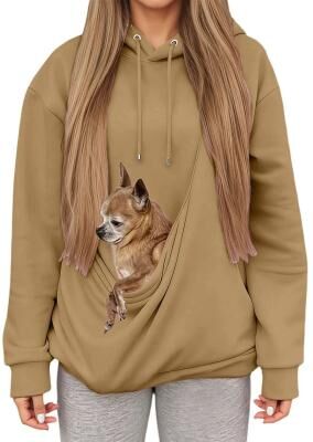 Uplifted Finds Autumn Winter Womens Hooded Sweatshirt With Pet Carrier Pocket Loose Fit Top s camel
