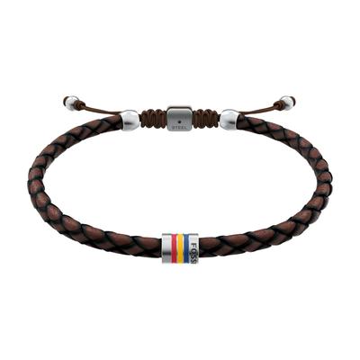 Armband FOSSIL "Everett", braun (braun, edelstahlfarben, blau, gelb, rot), Armbänder, Herren, 25cm, Edelstahl Leder Textil, Edelstahl, Leder, Textil, Armband, Emaille