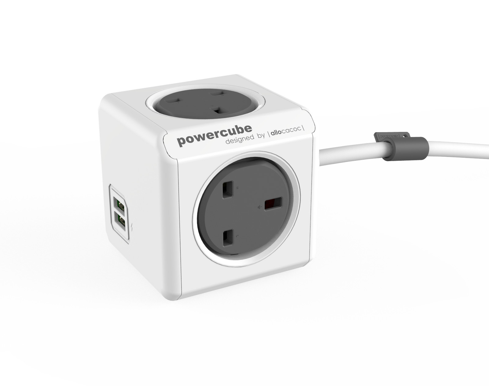 PowerCube Extended USB Dual-USB-A Oplaadkubus met kindveilige stopcontacten - Grijs