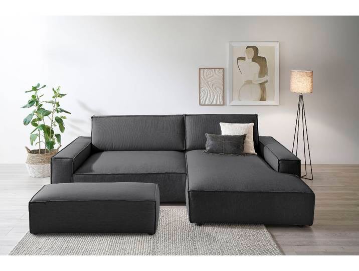 Polsterecke, Flachgewebe Leinenoptik, Anthrazit 284×135 cm, Schlaffunktion, Landhaus, Home-affaire