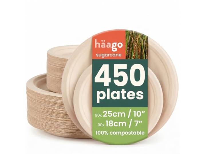 HAAGO 450 Einwegteller, Zuckerrohrteller - 2 Größen (25cm & 18cm), wie Pappteller - Einwegteller, Heim Kompostierbar & Biologisch abbaubar - Essteller und Dessertteller Set