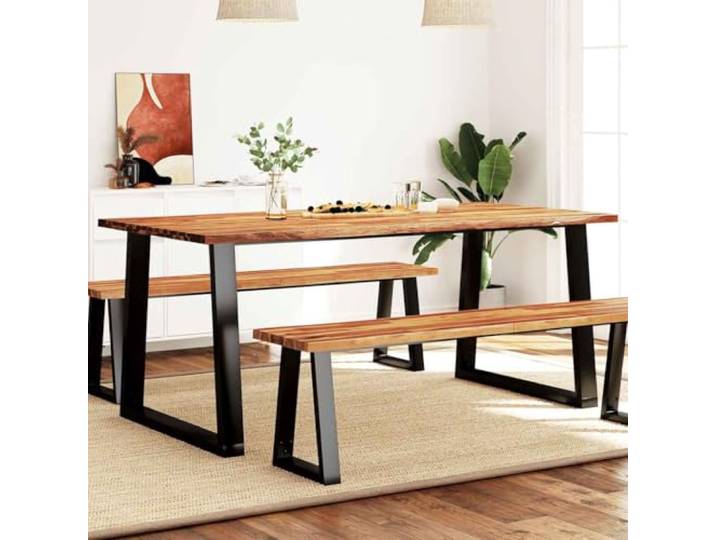 HEFZGDB Massivholz Esstisch mit Baumkante 180x90x75 cm aus Akazie und stabilen U-Beinen für Esszimmer oder Küche, robuster Tisch mit industriellem Stil und praktischer Tischplatte.