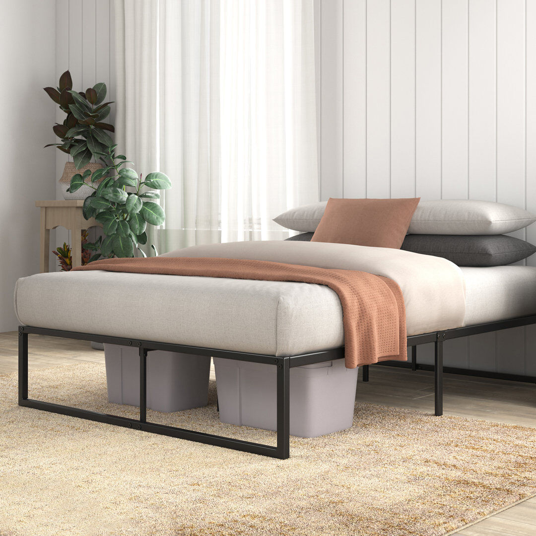Zipcode Design Corbe Modern Metal Bed Frame with Heavy Duty Steel Slat Support Black Double (4'6)
