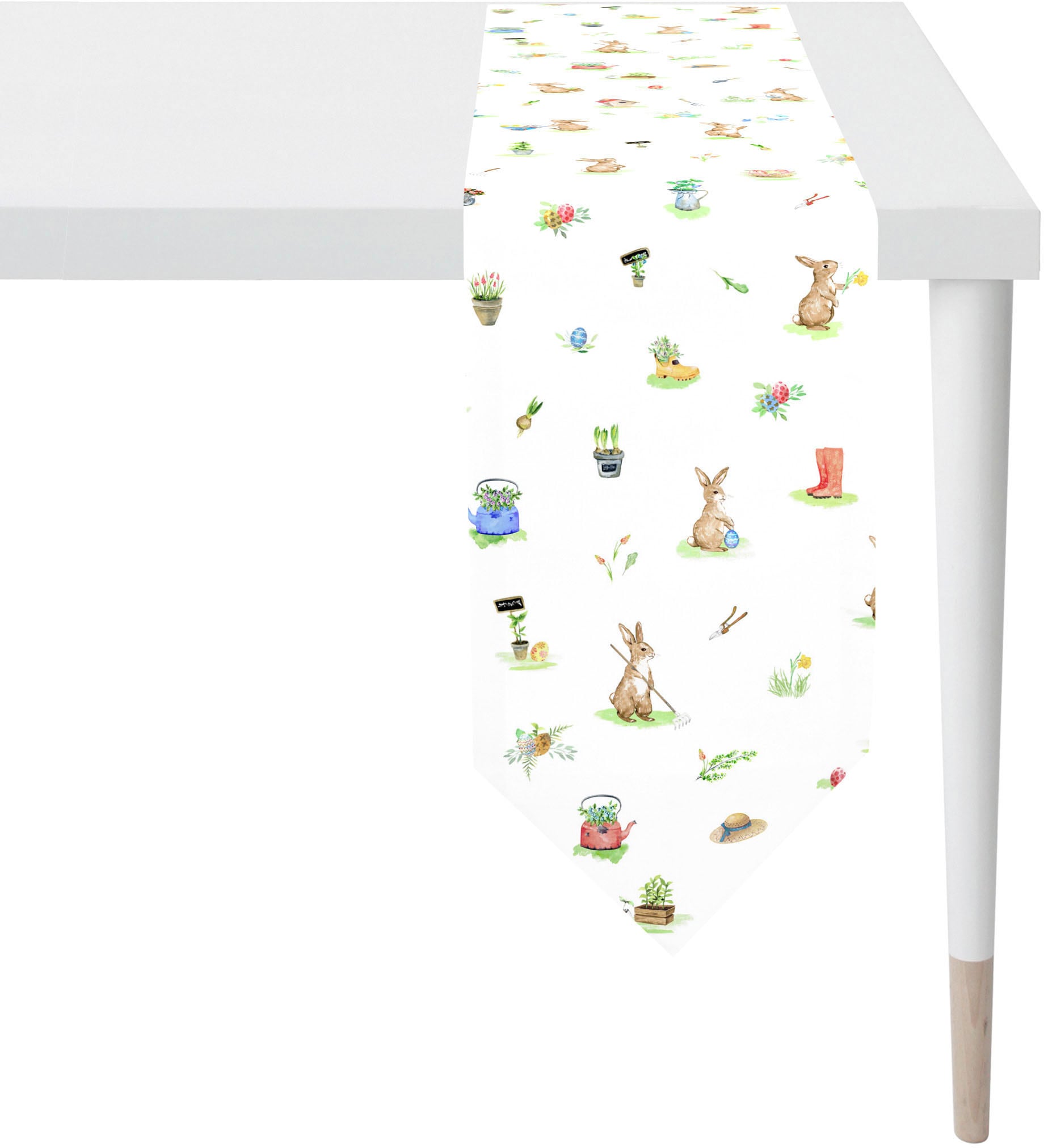 Tischband APELT "6812 HAPPY EASTER, Osterdeko, Ostern", bunt (weiß, bunt), B:25cm L:175cm, Baumwolle, Polyester, Tischdecken, Tischband, Digitaldruck, modisches Design mit verspielten Häschen im Garten weiß, bunt B/L: 25cm x 175cm, 1 Stk., sechseckig