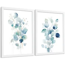POSTER 2er-Set Wandbilder Blumen Aquarell modern Wohnzimmer Deko, Schlafzimmer, Küche, Badezimmer Weißer Rahmen A4