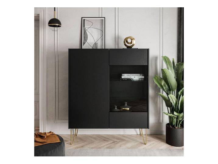 ALLHOUSE24 Vitrine IVO Hochkommode 97 cm Breite schwarz Marmor Optik Gold Füße Sideboard (1x Vitrine) Breite 97 cm