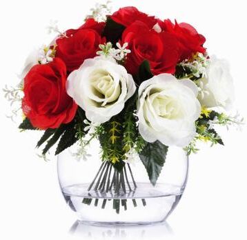 Enova Home Artificial Mixed Fake Open Roses Silk Flowers Arrangement in Clear Glass Vase with Faux Waterfor Home Wedding Decor