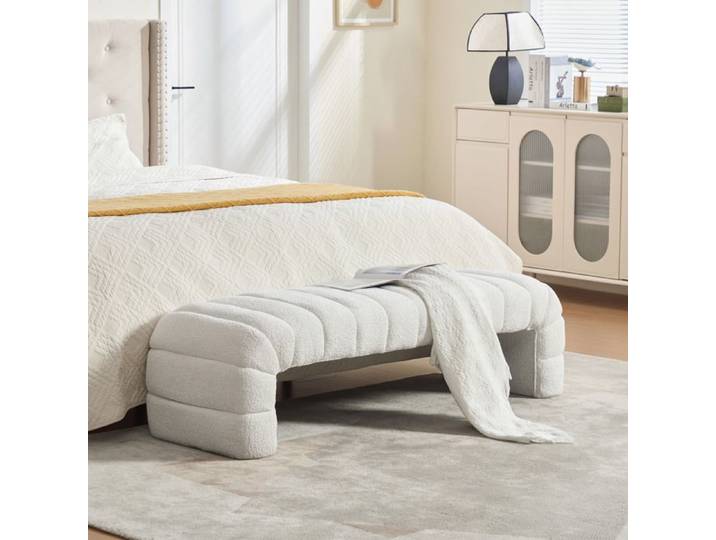 Bout de Lit en Chenille - Banc Design Cannelé Banquette Moderne pour Chambre Salon et Entrée Ivoire