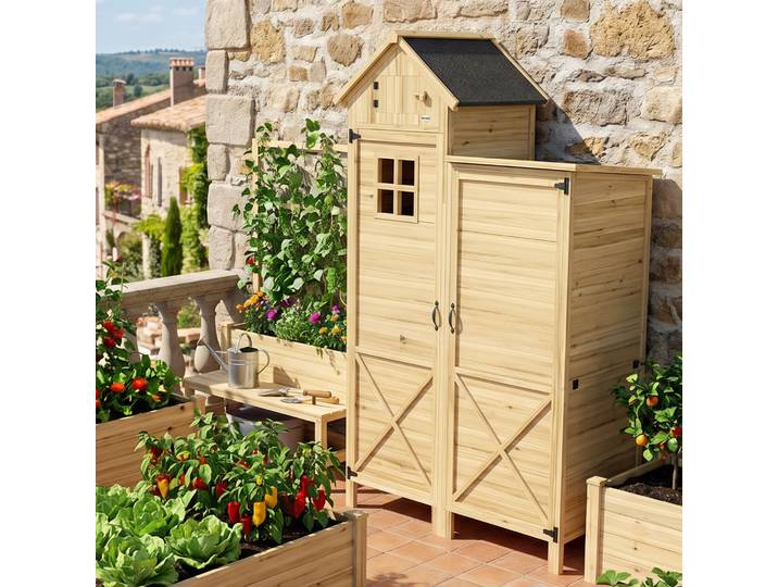 Outsunny Cabane à Outils Bois Naturel Jardin Double Zone