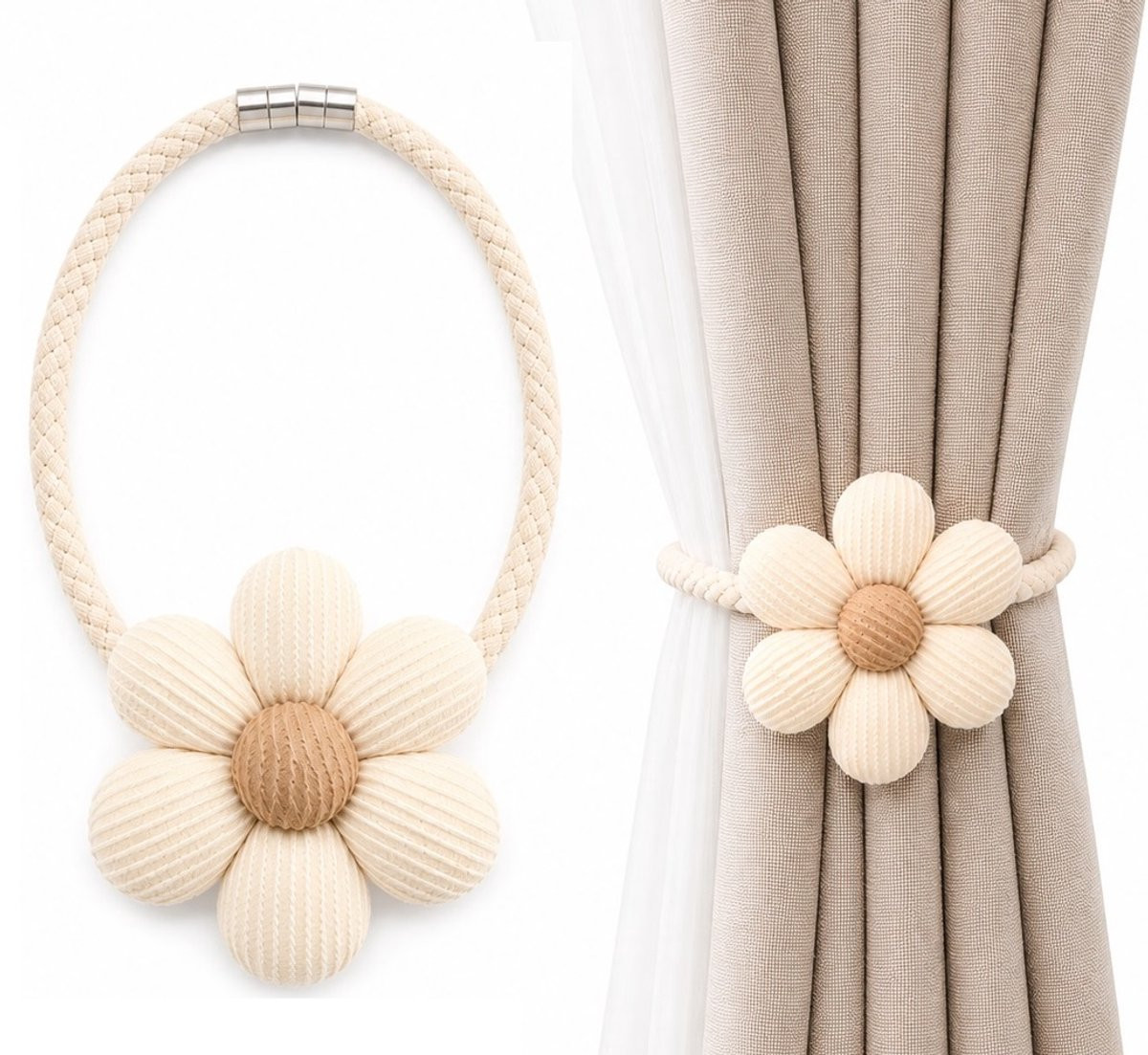 Cheaperito Magnetische Gordijnhouders Bloem Set van 2 Beige – Decoratieve Gordijn Straps Zonder Boren