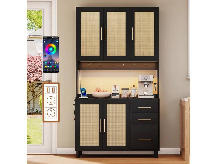Armoire décorative moderne en rotin noir de 183cm, armoire de rangement multifonctionnelle, Buffet, décoration dorée, Buffet de salon