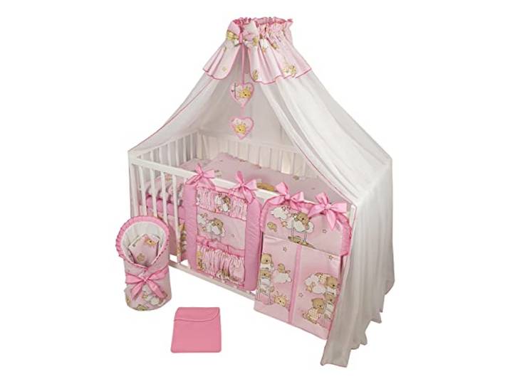 Bello24 - 16 Teiliges Babybett Kinderbett und Bettwäsche komplett Set Happy höhenverstellbar für Neugeborene Babys und Kleinkinder aus Massivholz in fantastischen Farben (Rosa Teddybär auf Leiter)