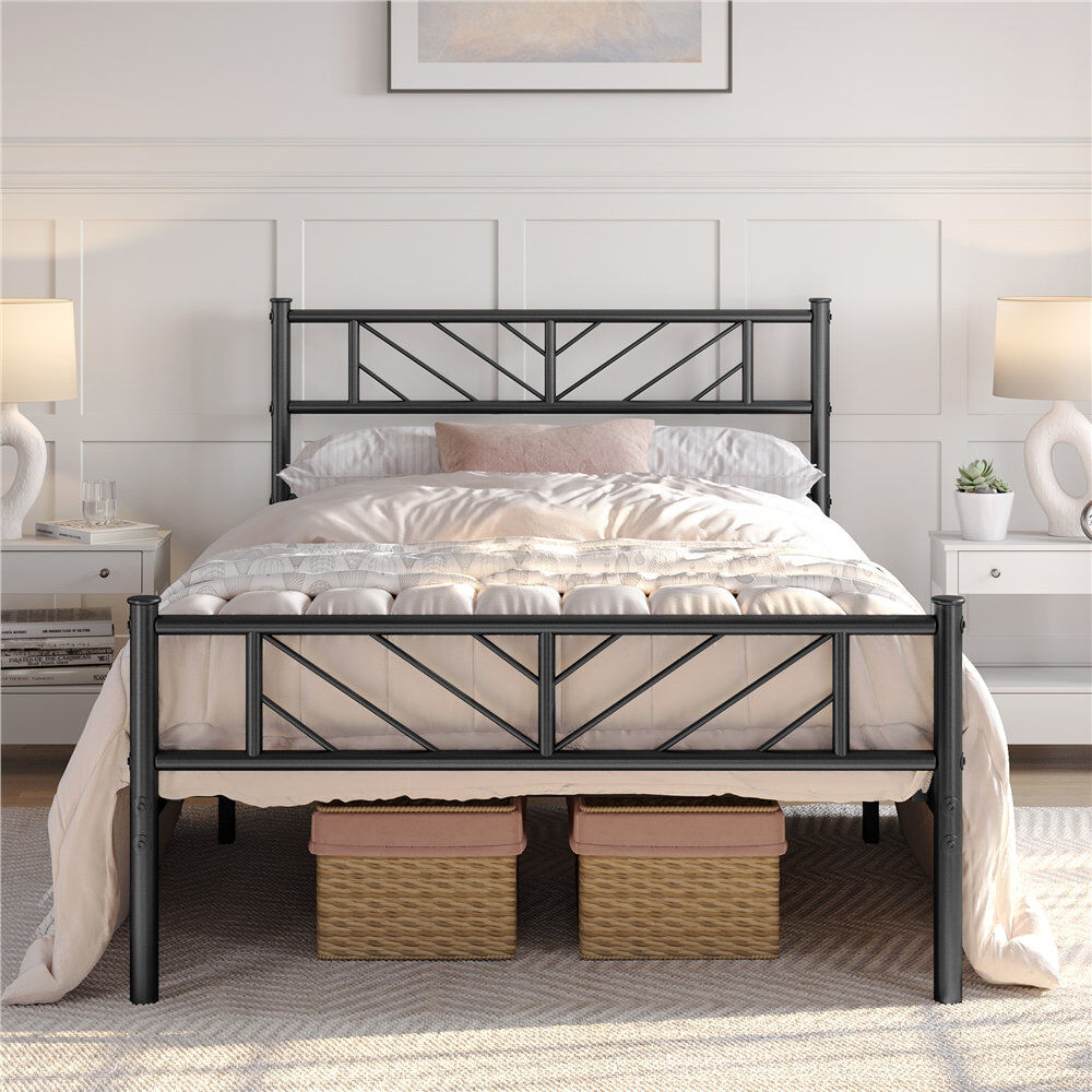 Yaheetech Minimalist Metal Slatted Bed Platform with Arrow Design Headboard Black Single (3')