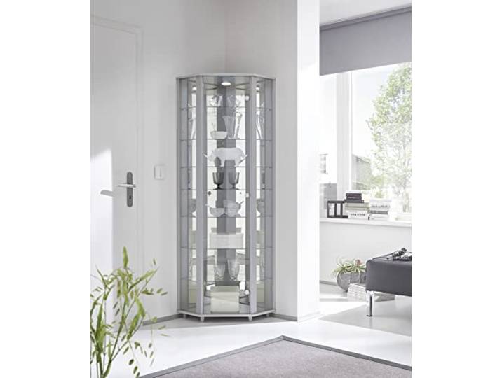 möbelando Eckvitrine Vitrinenschrank Glasvitrine Vitrine Berlin II Silber