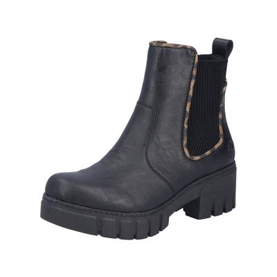 Chelseaboots RIEKER, Damen, Gr. 38, wärmend, schwarz, Elastischer Einsatz, Lederimitat, Schuhe Chelseaboots, Stiefelette mit dekorativer Einfassung in Leo-Optik