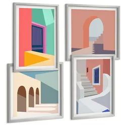 BILDER SET 4er Set - 50x50 cm & 40x60 cm Silberner Rahmen - Farbenfrohe moderne Gebäude