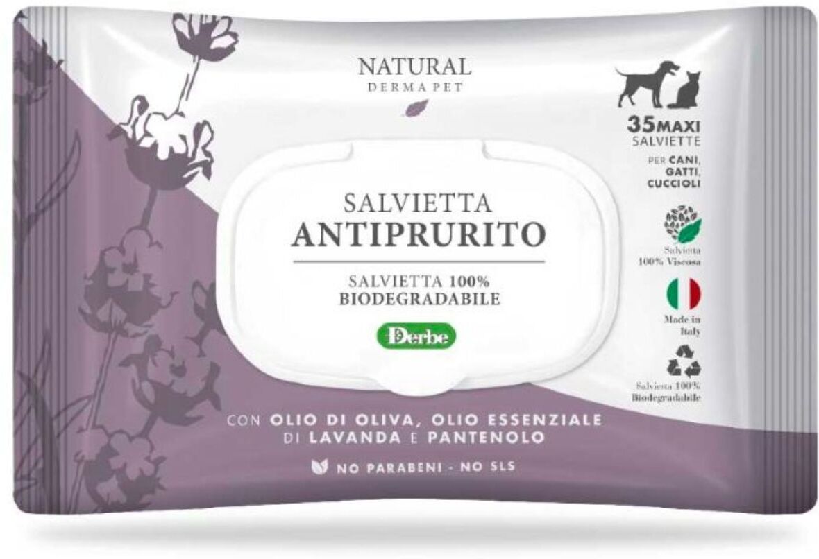 Derbe Natural Derma Pet by Salviette Funzionali Antiprurito Biodegradabili per Cani Gatti e Cuccioli