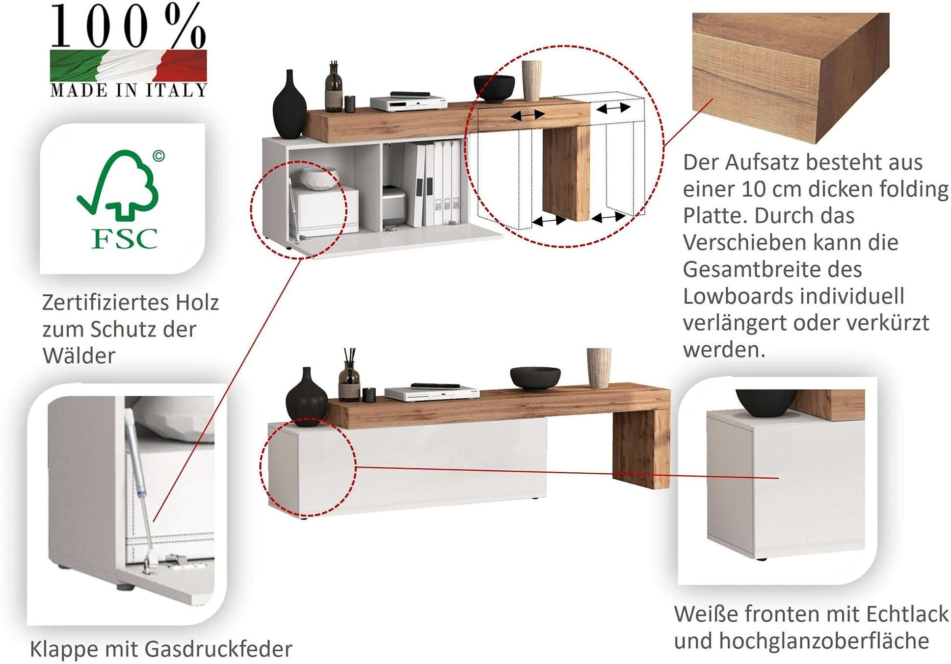Lowboard GOODPRODUCT "Lowboard Chronos TV-Board, TV-Schrank", grau (lowboard schiefer, taupe 120), B:240cm H:51cm T:40cm, Holzwerkstoff, Sideboards, Lowboard, 1 St., TV-Lowboard 240 cm, 1 Klappe, L-Aufsatz, Breite 180-290 cm lowboard schiefer, taupe 120 B