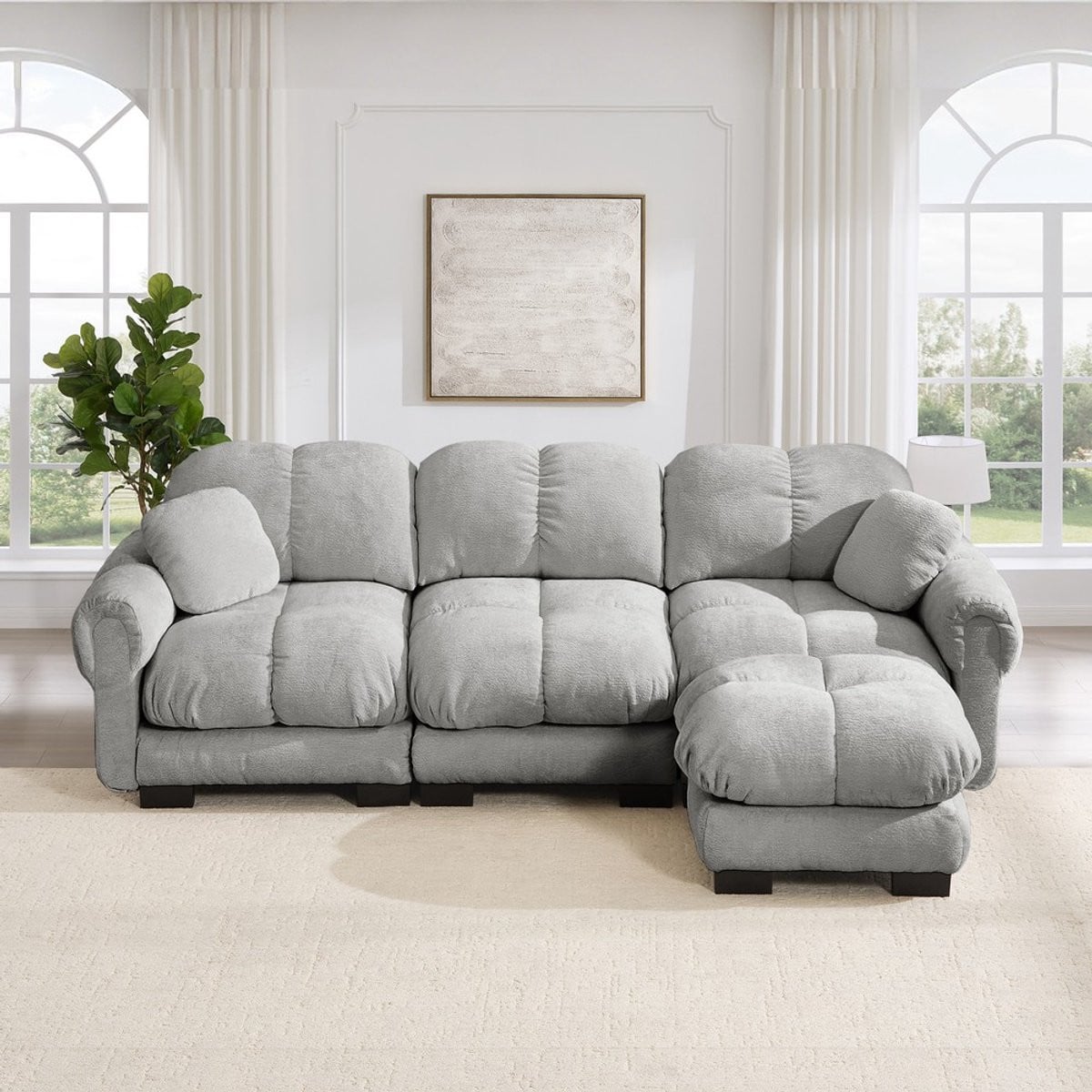KOMHTOM Hoekbank - L-vormige Modulaire Bank met Poef - Lichtgrijs Chenille