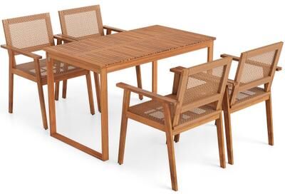 Costway 5 Pieces Acacia Wood Dining Set with Outdoor Table and Rattan Chairs for 4 Persons
