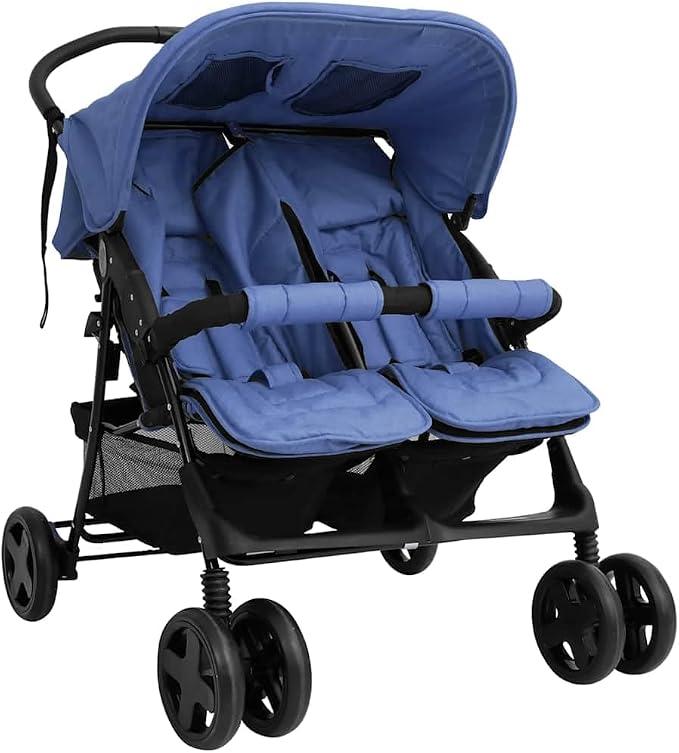 Zwillingskinderwagen Marineblau aus Stahl mit Liegefunktion, klappbar und kompakt, geeignet für Geschwister und Zwillinge, mit Sonnendach und Federung für Outdoor und Reise