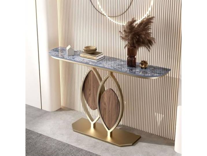 Moderner Konsolentisch mit Sinterstein, schmaler Flurtisch für Eingang Sintersteinplatte, kratzfest, schmaler Flurtisch, Metallgestell, modernes Design(Gold+Gray,39.4in*11.8in)