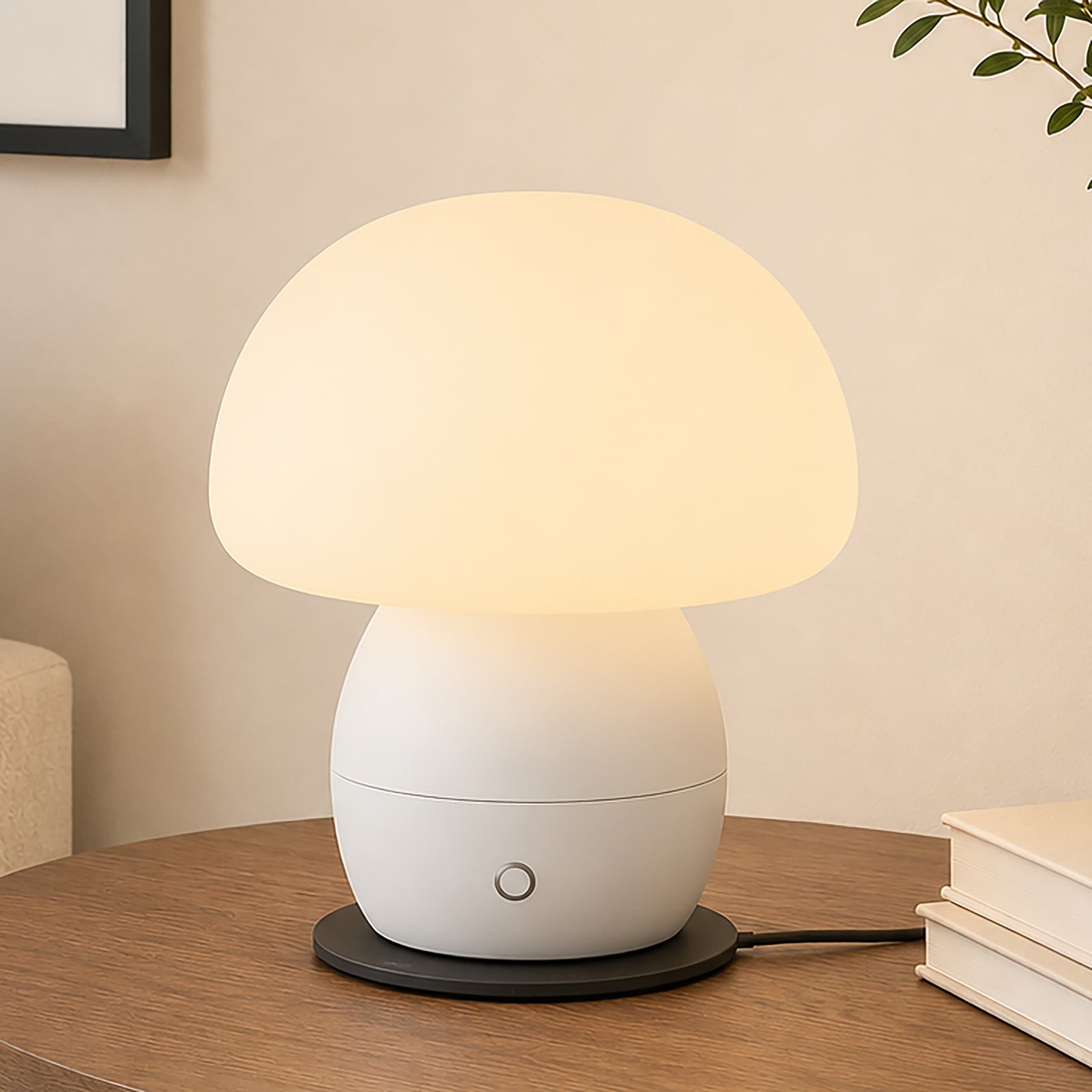 home24 LED-tafellamp Dupos wit, Ø 22 cm, opaalglas en ABS