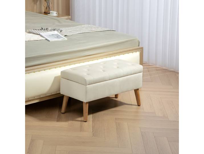 HOMCOM Banc Coffre Velours Pieds Bois 80x35x40cm Crème
