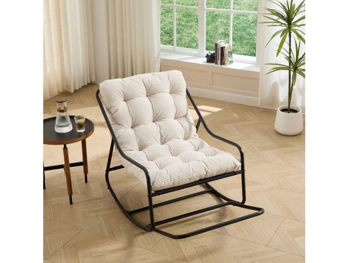 Fauteuil à bascule 75x116x82 cm EVRYAE - coussin épais mouvement réglable avec corde fixe - Blanc