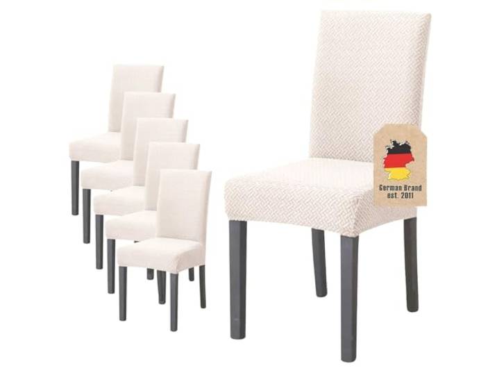 INTIRILIFE 6X Elastischer Stuhlhusse Stuhlüberzug in Gemustert Creme mit 38-45 cm Sitzfläche und 45-65 cm Lehnenhöhe - Für Partys Hochzeiten Hotels oder Zuhause im Esszimmer