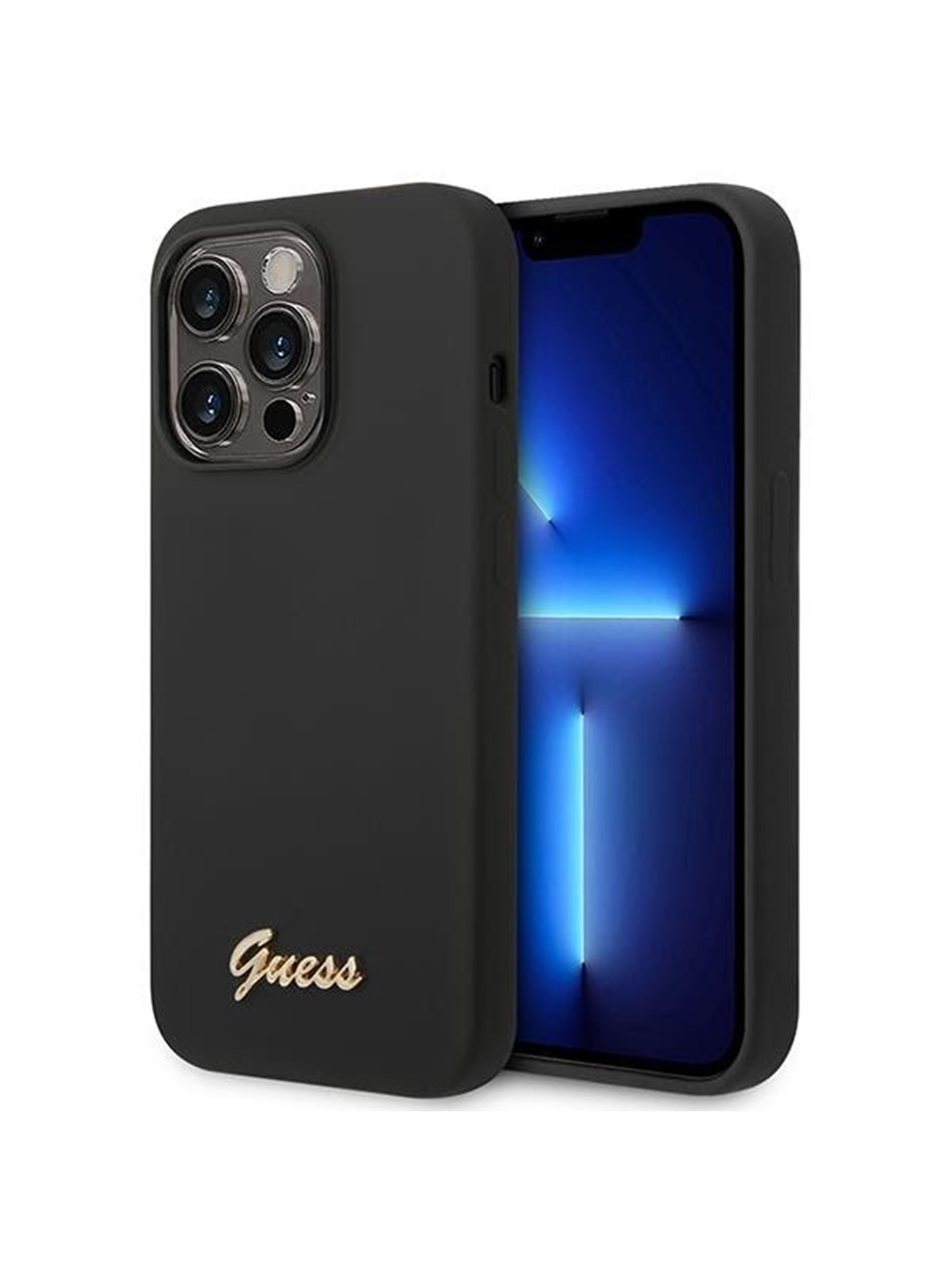 GUESS Silicone Vintage Gold Logo iPhone 14 Pro Case - Black