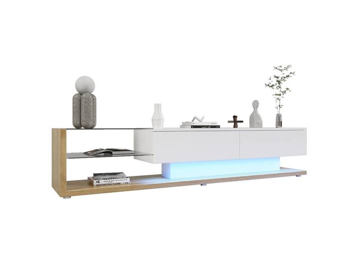 Flieks Tv-Schrank Lowboard Hochglanzweiß & Holzfarbe LED-Beleuchtung Landhaus, Weiß, 46x17x133 cm, Wohnzimmer, TV Möbel, Lowboards, Lowboards stehend