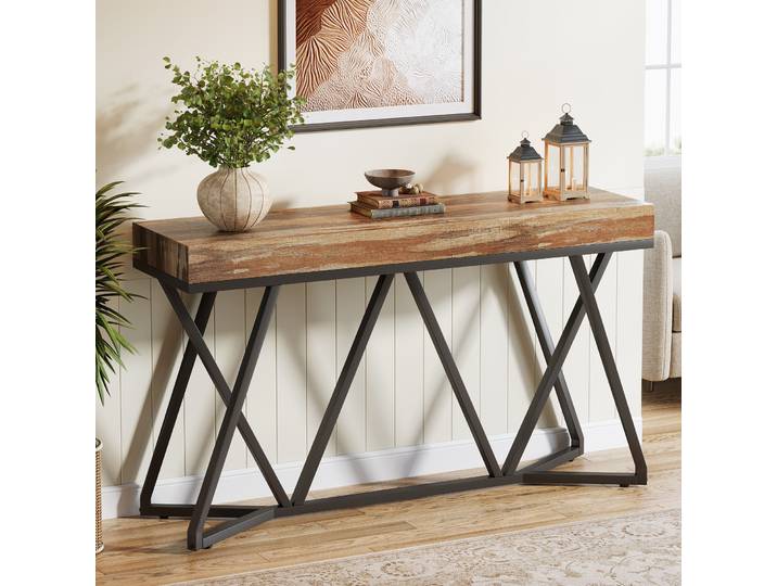 Tribesigns Table console 140 cm, table de canapé de ferme, table d'entrée en bois avec base en métal unique, derrière la table du canapé