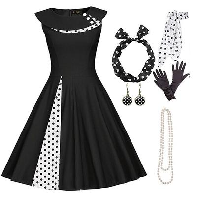 50er Jahre Outfit Schlagkleid 7-tlg 50er Jahre Accessoires Set Retro Vintage Swing Kleid Damen Cosplay Kostüm Party Date Festival