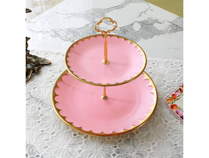 Assiette double couche en céramique rose plaquée or, style européen, hôtel, club, maison, assiette circulaire de mariage, fruits