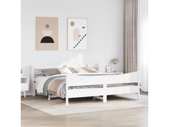 KTHLBRH Bettgestell mit Kopfteil weiß 180 x 200 cm massiv Kiefer Inklusive Lattenrost, 3 Einlegeböden, selbsttragendes Kopfteil aus Naturholz