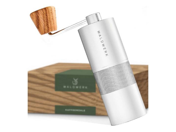 Waldwerk Kaffeemühle - Manuell mit präzisem Edelstahlmahlwerk - Espressomühle plastikfrei, Edelstahl, 25 g Bohnenbehälter, Kegelmahlwerk Mit Holzgriff